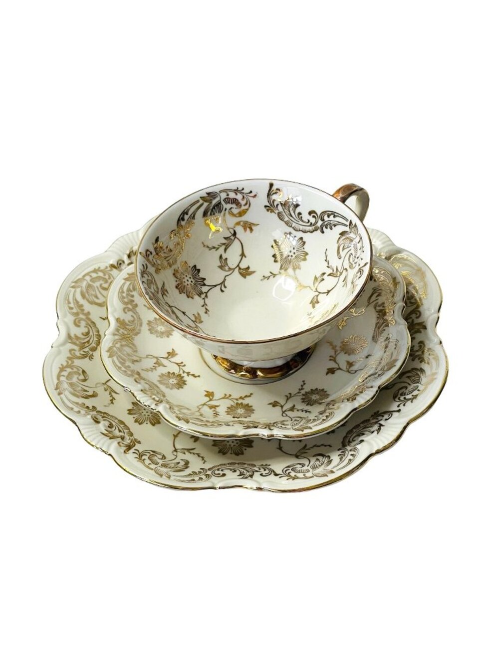 Seltmann Vohenstraub Bavaria Tea Trio Set Pattern 1579 Gold Floral Cup - Plates